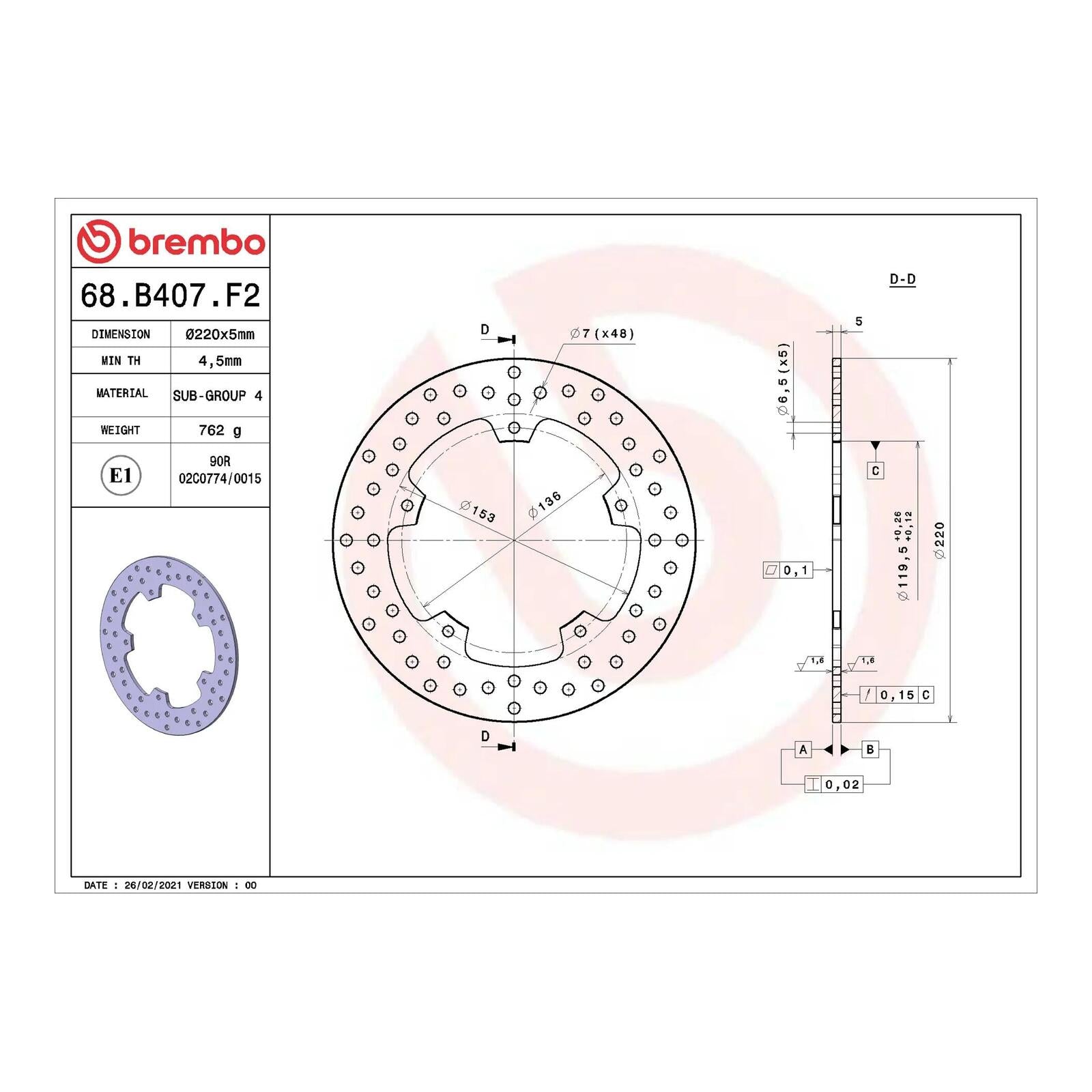 Brembo Prime Serie Oro Rear Brake Disc 68B407F2