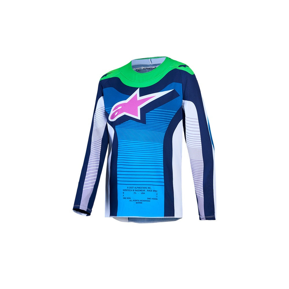 Alpinestars 2027 Youth Supertech Maven Jersey - White/Blithe Blue/Green Fluoro
