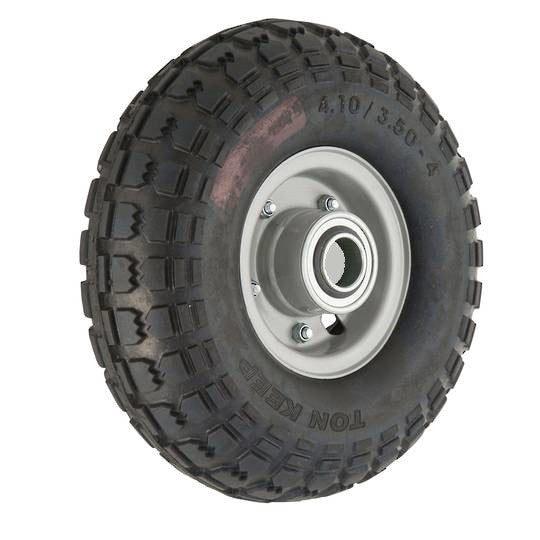 ASSEMBLY - 4"x45mm 2-Pc Steel Rim, 2" Bore, 410/350-4 Solid Rubber Tyre, 2"x1" Flange Bearings