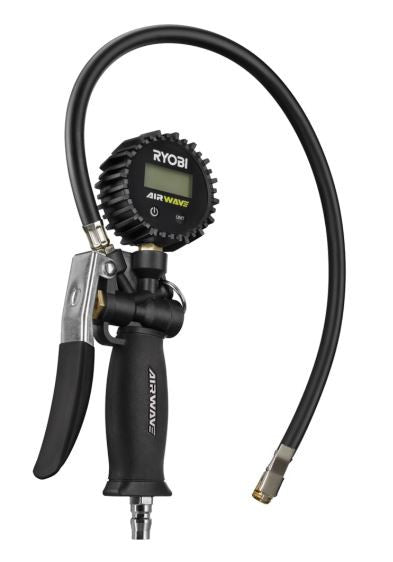 Ryobi Digital Pistol Grip Tyre Inflator - 0-145 p.s.i., 29cm hose, Clip-on chuck