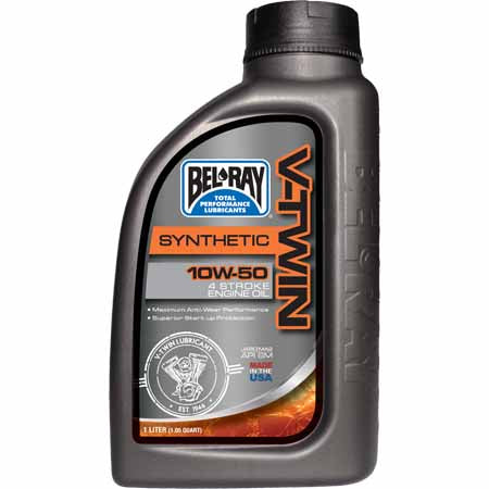 Bel-Ray V-Twin Synthetic 10W-50 Engine oil is a multi-grade synthetic motorcycle oil to meet the specific demands of large displacement V-Twin engines. It combines the benefits of fully synthetic oils with the lower cost of petroleum oils